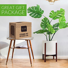 Load image into Gallery viewer, Ceramic Planter with Stand by FineIris - Mid Century 10” Ceramic Pot & Wood Plant Stand- Perfect Planter for Fiddle Leaf Fig Tree, Zizi & Peace Lily
