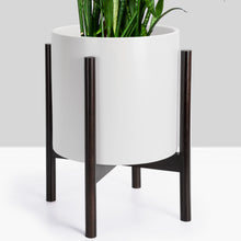 Load image into Gallery viewer, Ceramic Planter with Stand by FineIris - Mid Century 10” Ceramic Pot & Wood Plant Stand- Perfect Planter for Fiddle Leaf Fig Tree, Zizi & Peace Lily